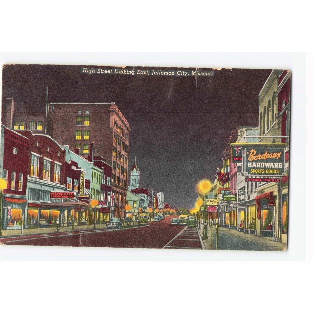 Vintage Jefferson City Missouri High Street Night Scene Linen Postcard VG